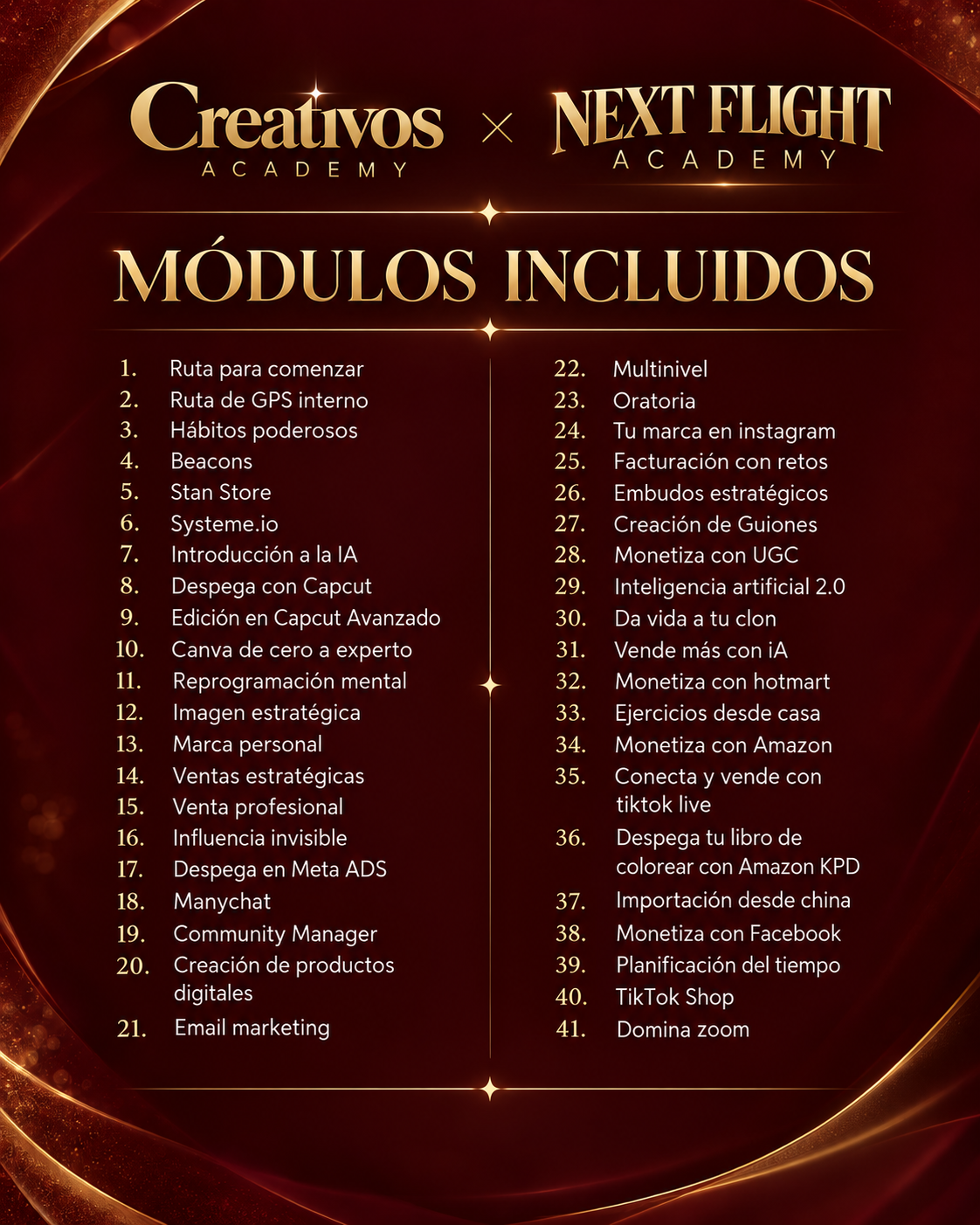 Lista de los 41 módulos incluidos en Creativos Academy x NextFlight Academy